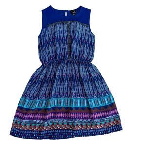Hearts Monteau Girls Blue Geometric  Ikat Sleeveless Elastic Waist Dress 10